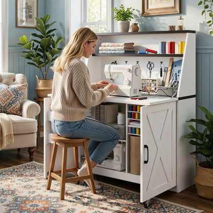 DWVO Folding Sewing Table with Charging Station & Storage, Multi-Function Craft Desk with Lockable Wheels, Magnetic Doors & Hidden Storage