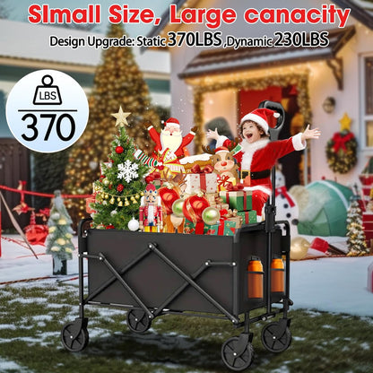 370lbs Collapsible Wagon with Wheels, Weight Capacity Foldable Beach Wagon with Flexible Handle Portable Utility Wagon