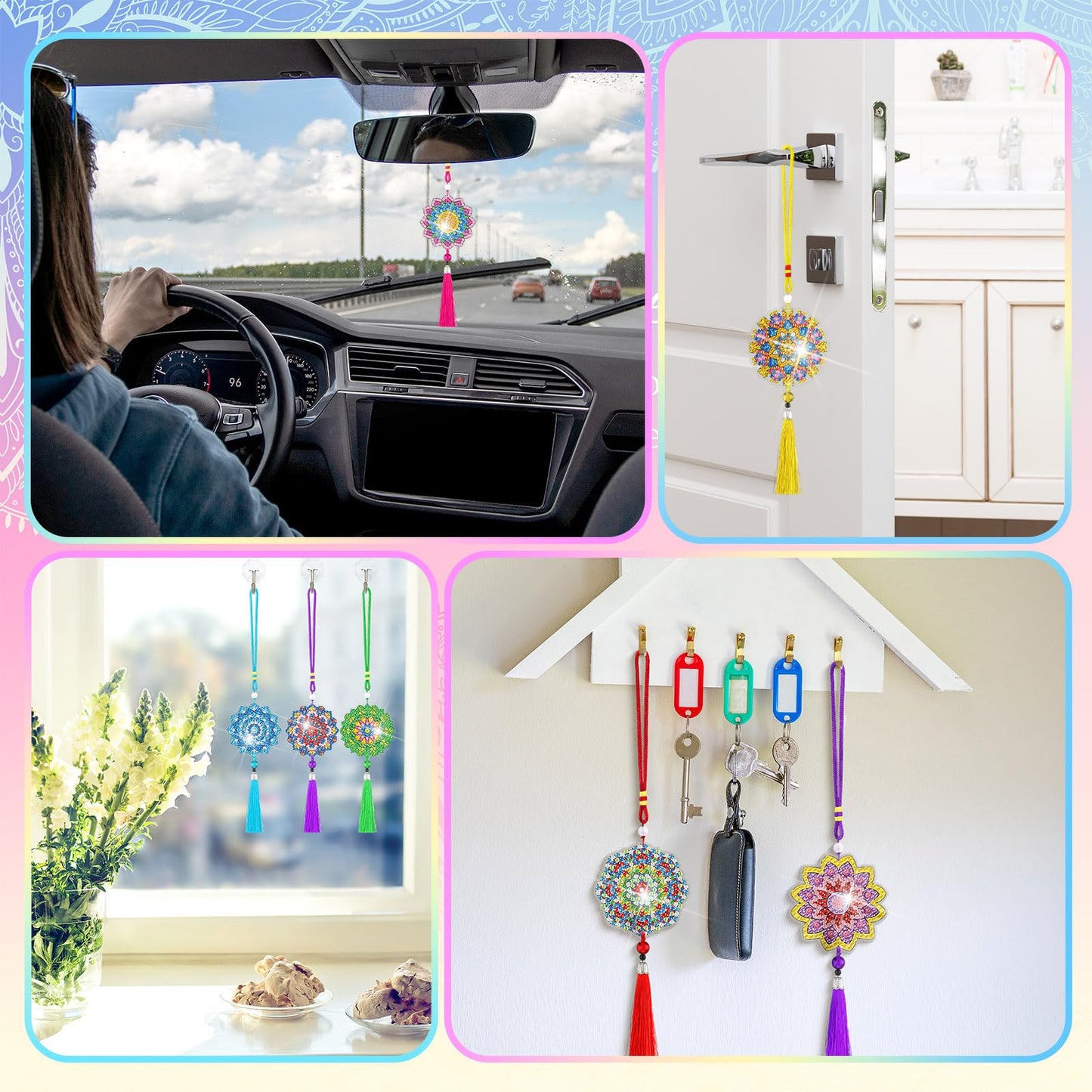 JenPen 12 Pcs Diamond Painting Car Ornaments Diamond Art Ornament for Car Double Sided Painting Hanging Ornament Crystal Gem Garden Decoration Paint DIY Kit (Classic Mandala)