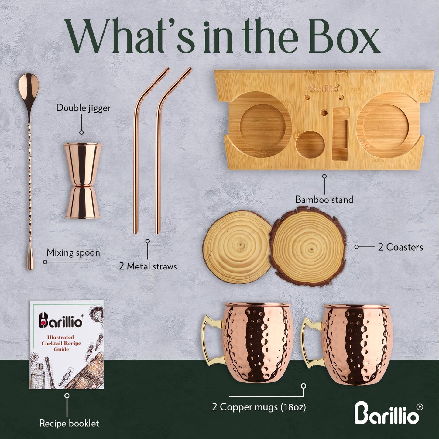 Barillio Moscow Mule Mugs Set - 2 Stainless Steel, Copper-Plated Cocktail Mugs with Bamboo Stand - Food-Safe, Moscow Mule Kit with Copper Cups, Drinking Straws and Mixing Spoon - 2 x 18 Oz