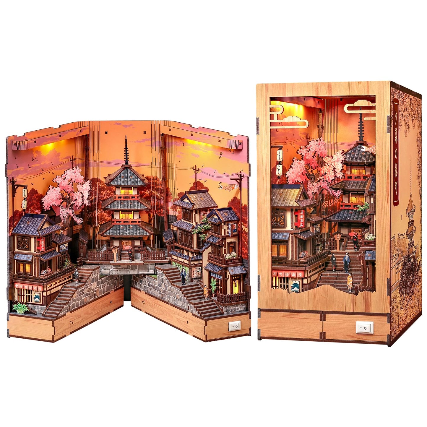 CUTEBEE Book Nook Kit – DIY Miniature House Diorama Kit for Adults, Japanese Kyoto Street Booknook Twilight Sakura Path, 3D Wooden Puzzle Bookshelf Insert, Fold-Out Dollhouse Decor Gift
