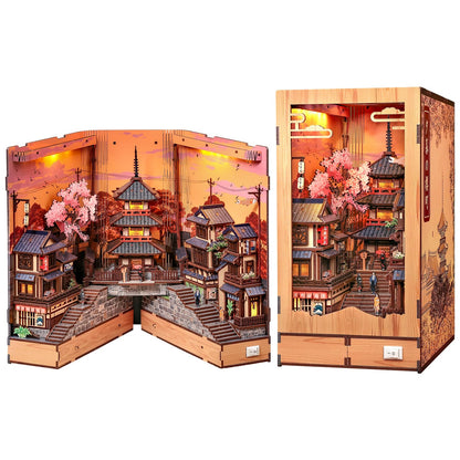 CUTEBEE Book Nook Kit – DIY Miniature House Diorama Kit for Adults, Japanese Kyoto Street Booknook Twilight Sakura Path, 3D Wooden Puzzle Bookshelf Insert, Fold-Out Dollhouse Decor Gift
