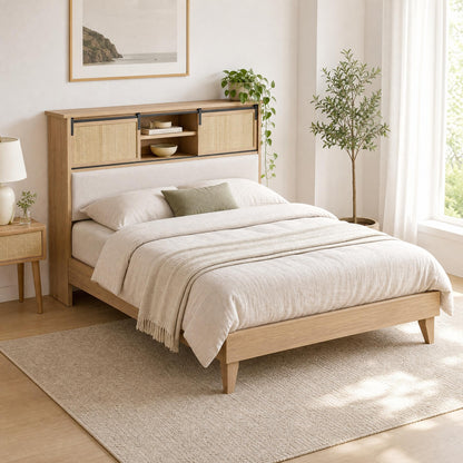 GarveeHome Full Size Solid Wood Bed Frame with Storage Shelves, Rattan Upholstered Bookcase Headboard with Sliding Doors & Adjustable Shelf, No Bos Spring Needed, Natural Solid Wood
