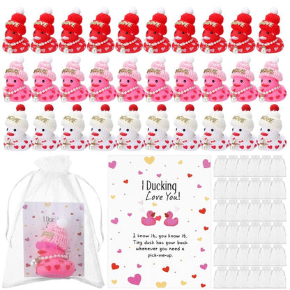 Lunmon 50 Pcs Valentine's Day Rubber Duck for Exchanging Gifts 50 Cards 50 Organza Bags 50 Hats 2 Inch Pink Red Heart Love Valentines Duck with Fake Pearl Necklace for Party Favors