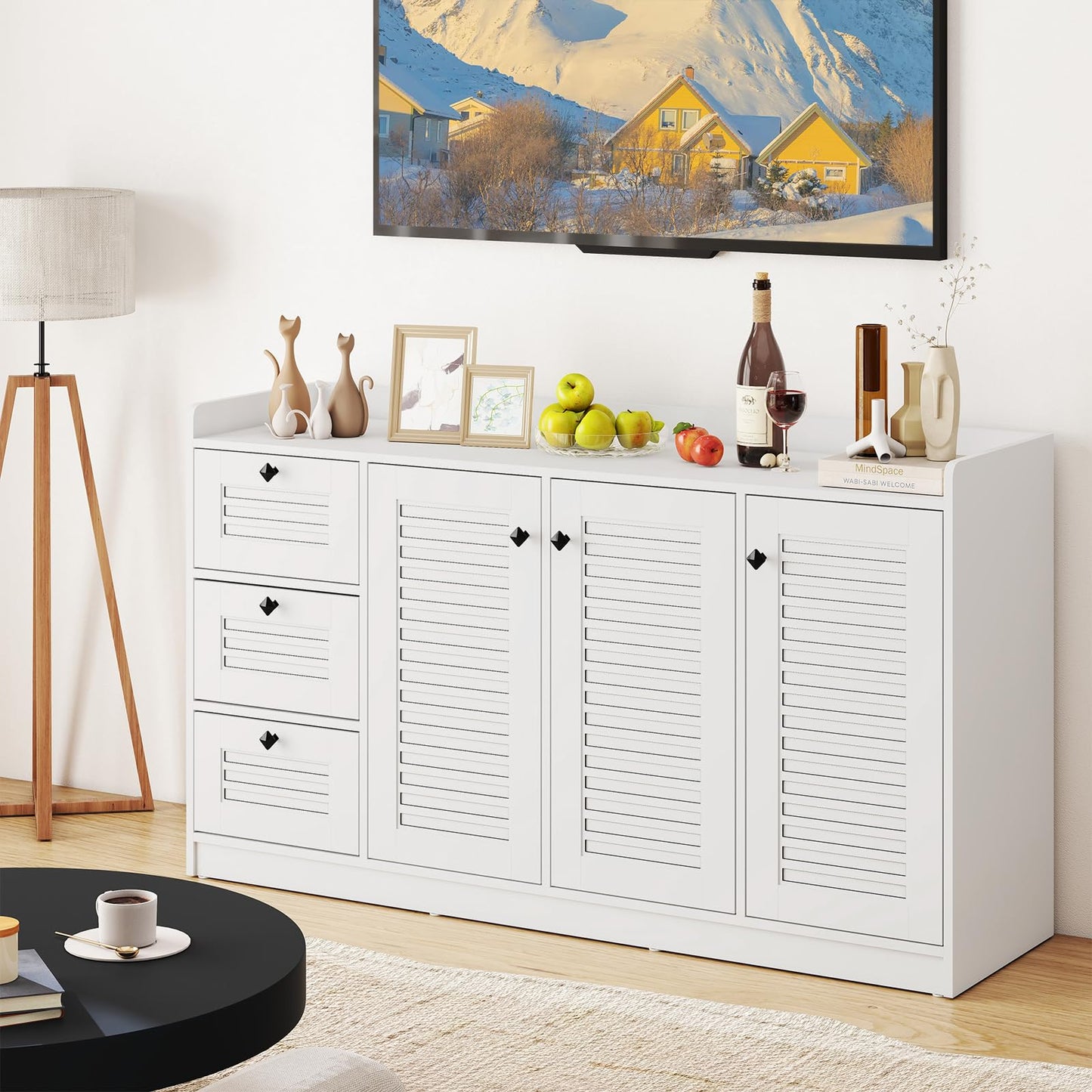 Giantex 63'' Buffet Cabinet with Storage, Modern Sideboard Cabinet with 3 Doors & 3 Pull-Out Drawers, Large Kitchen Console Table with Anti-Tipping Devices for Living Room, Dining Room, White