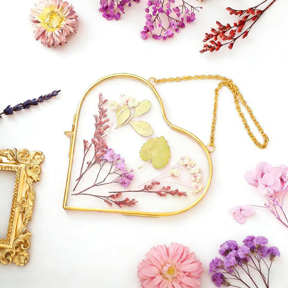 HBLEDOT Pressed Flower Frames, Wall Hanging Double Glass Picture Frames with Chain for Dried Flowers Plants Wall Decor,Only Frame and tweezers (Gold-6PCS)