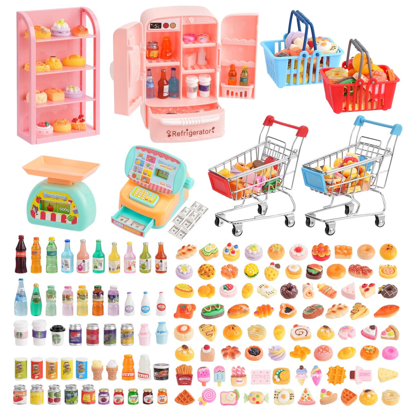 165Pcs Mini Shopping Cart Basket Miniature Food Drink Toy Supermarket Metal Handcart Shelves Cash Register Fridge Food Scale Trolley Dollhouse Store Grocery Accessories Kitchen Play Game Party Model