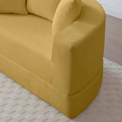 UOCFYK Folding Sofa Bed, Corduroy Circular Boneless Couch, No Assembly Convertible Sleeper Sofa with 3 Pillow, Comfy Futon Sofa Bed for Apartment, Office, Bedroom, Living Room, Yellow