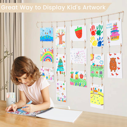 KLOGTSIND Kids Art Display Wall Decor, Wooden Beads Garland Frame Holder with 34 Clips for kids artwork, Photo, Wall Hanging Boho Room Bedroom Decor