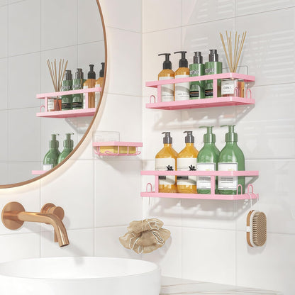 Youvip Adhesive Shower Caddy - No-Drill Bathroom Organizer with Soap Holder & 12 Hooks | Pink, 3 Pack