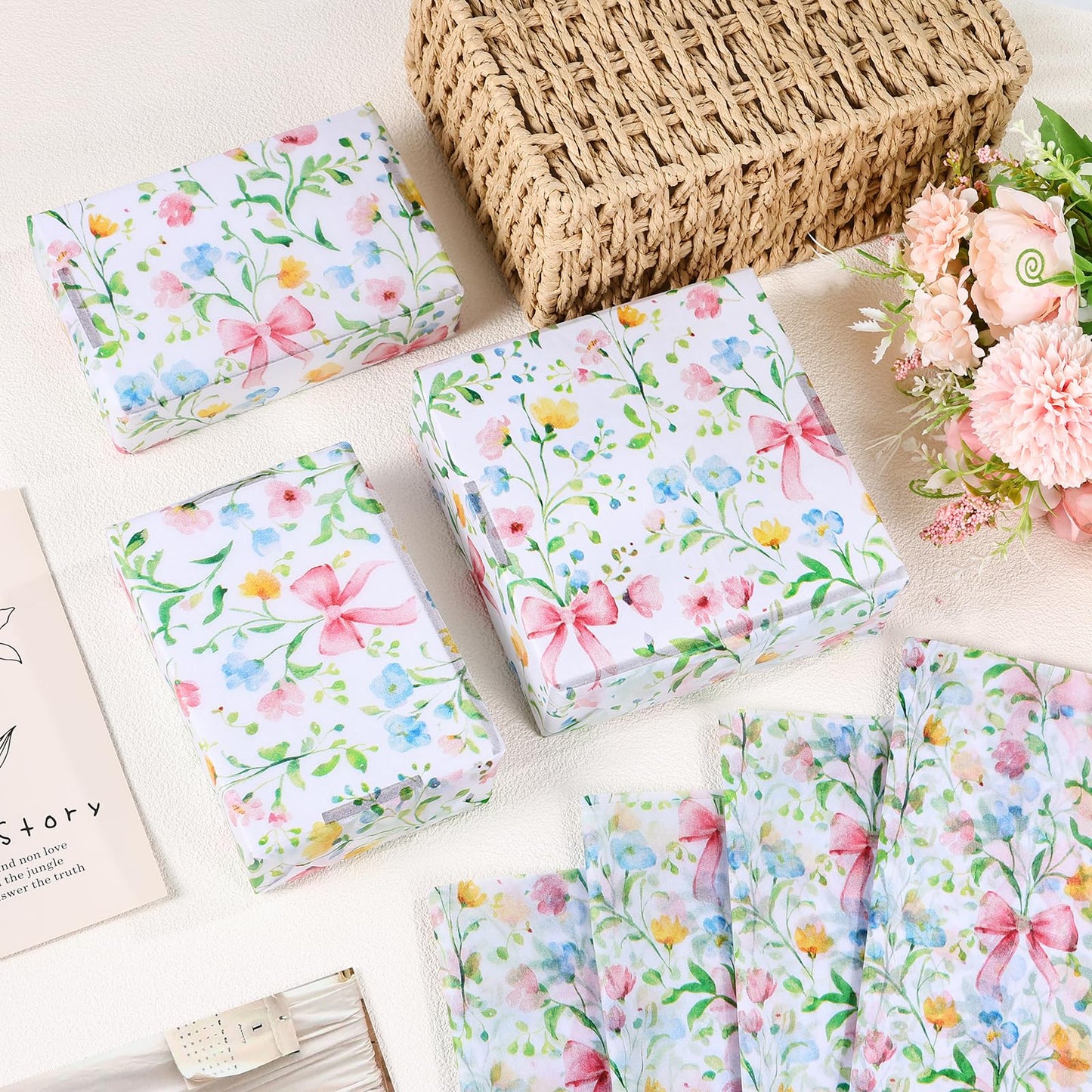 Ywdbzjhs 100 Sheets Tiny Spring Flowers and Pink Bows Tissue Paper, Coquette Bow Wildflowers Floral Gift Wrapping Paper for Botanical Valentine Birthday Wedding Baby Shower Supplies, 20'' x 14''