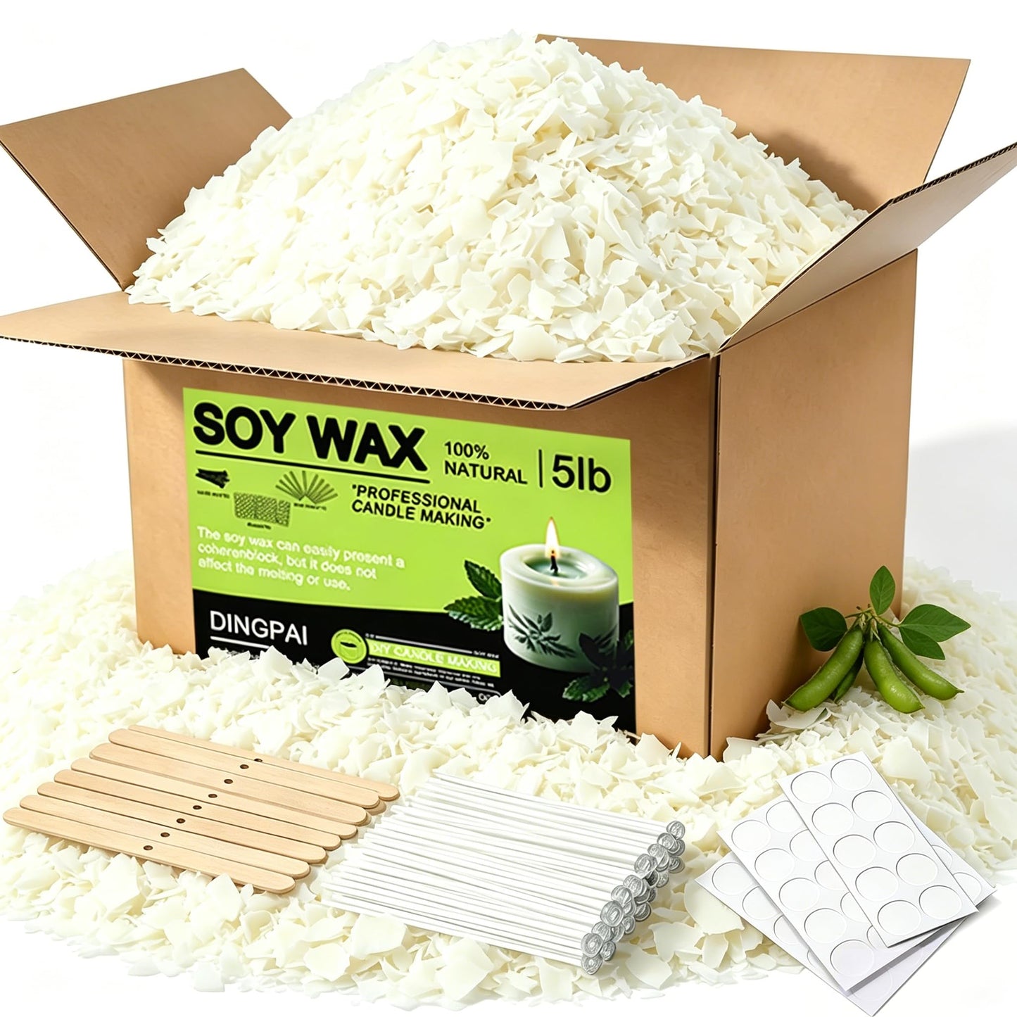 DINGPAI Soy Wax for Candle Making, 5LB Organic Soy Candle Wax Flakes Natural Candle Making Supplies,50 Cotton Wicks,50 Wick Stickers,10 Wick Holders