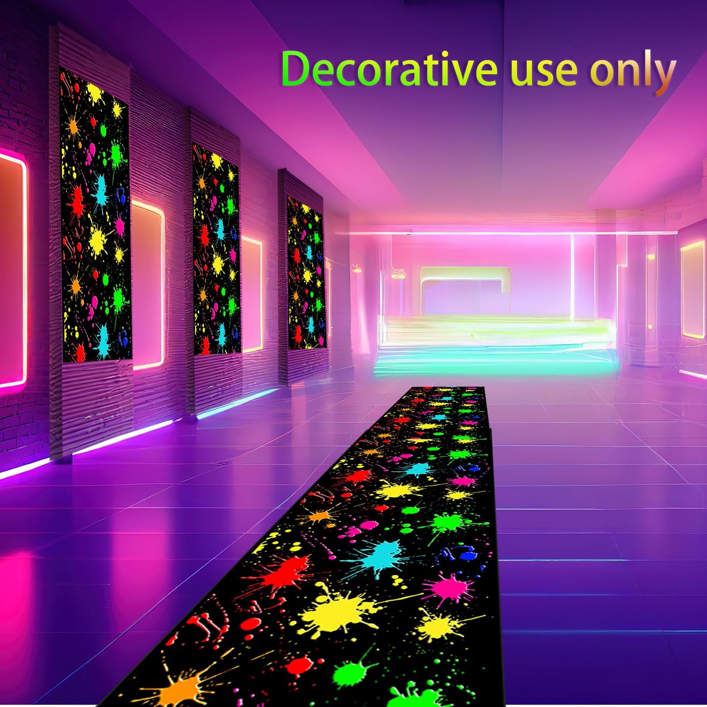 Haull 118 x 39 Inch Glow in The Dark Runner Neon Light up Dance Floor Black Light Party Decor 80s 90s Disco Party Supplies Neon Table Cloths Tapestry UV Rug Backdrop Props(Paint Splatter)