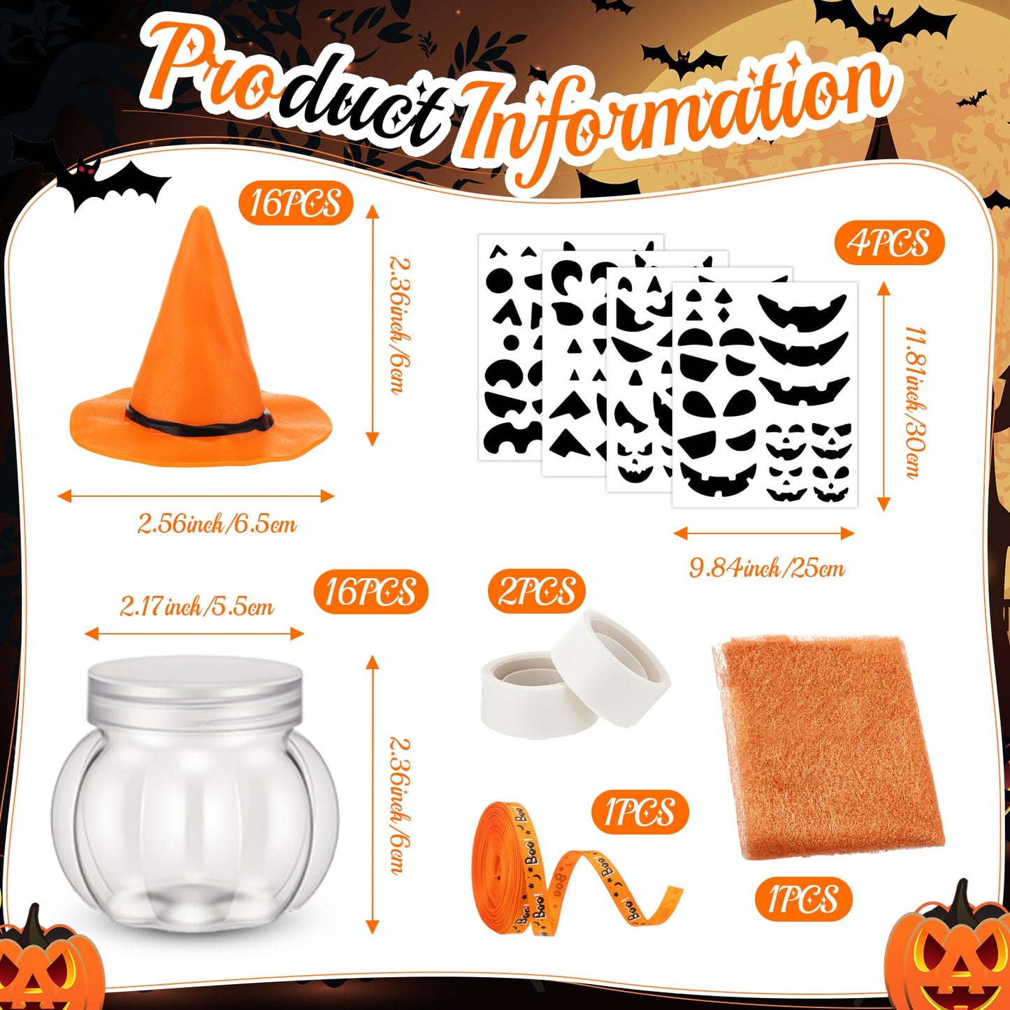 Acellegic 16 Sets Halloween Pumpkin Candy Jars Halloween DIY Craft Pumpkin Party Favors Trick or Treat Kit Plastic Cookie Candy Jars with Lids Witch Hat Stickers Mesh Ribbon Glue Decoration(Orange)