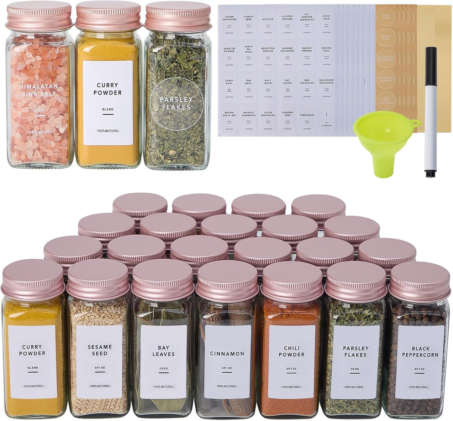 24 4oz Pcs Glass Spice Jars with Labels and Pink Metal Caps, Empty Spice Containers with Shaker Lids, Funnel