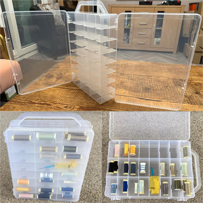 Double-Sided Sewing Organizer Box with 46 Grids - Clear Plastic Thread Storage Case for Embroidery Floss, Sewing Threads, Needles, Beads & Craft Supplies (Portable Craft Organization Container)