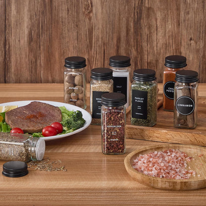 24 576 4oz Glass Spice Jars with Labels-Spice Jars with Black Metal Caps, Empty Square Spice Containers with Shaker