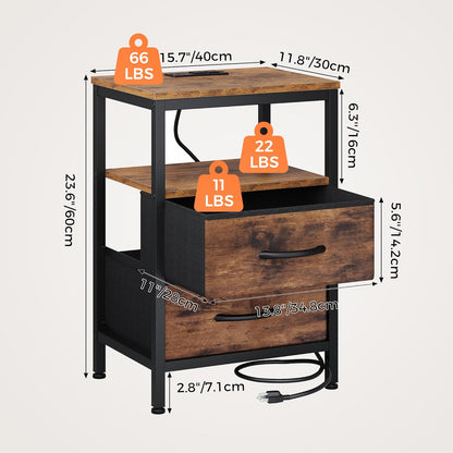2 OLIXIS Nightstand with Charging Station, Bedside Table with USB Ports & Type-C, Fabric Drawers Night Stand with Open
