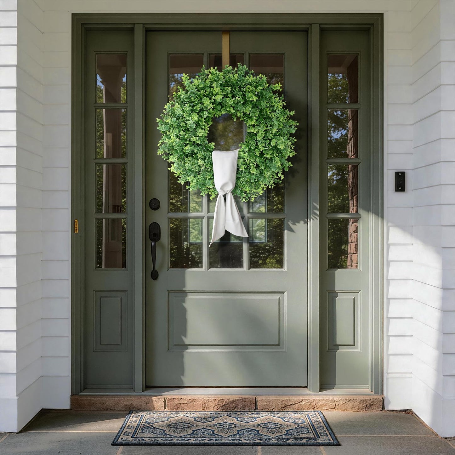 26" Artificial Eucalyptus Wreath with Sash for Front Door, Porch, Window - Large Faux Eucalyptus Leaves Greenery Outdoor Wreath for Home, Farmhouse Decor - Spring, Summer, All Seasons (Green)