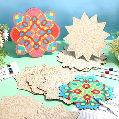 Vercraft 22 Pack DIY Wooden Mandala Art Set Diwali Crafts 10 Mandala Unfinished Wood Cutouts 12 Markers Lotus Flower Wood Painting Kits for Adults Painting, DIY Crafts Home Decors(Floral Style)