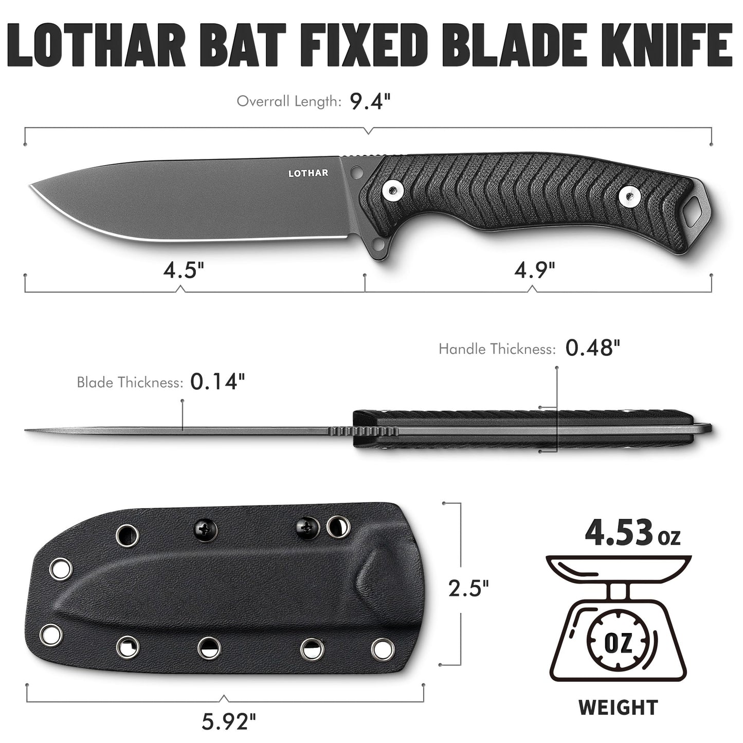 LOTHAR BAT Fixed Blade Knife with Sheath, 4.5 Inch Tactical Horizontal Carry Knives with G10 Handle, Bushcraft Hunting EDC Knives, Survival Camping Fixed-Blade Knives Gifts For Men