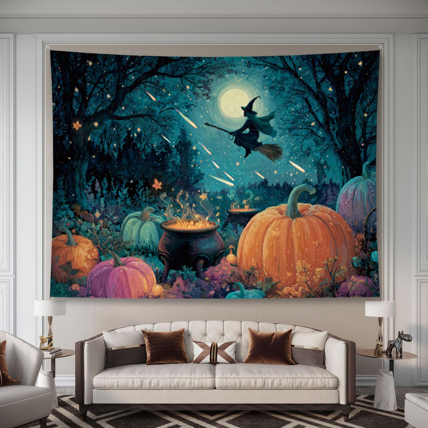 Liuzhouzai Halloween Pumpkin Tapestry Wall Hanging Broomstick-Riding Witch Personalized Background Living Room and Bedroom Wall Decoration 80 x 60 Inches