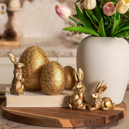 6PCS 3 3 DN DECONATION Easter Decorations with Rabbits and Nesting Easter Eggs, Small Gold Easter Bunny Figurines