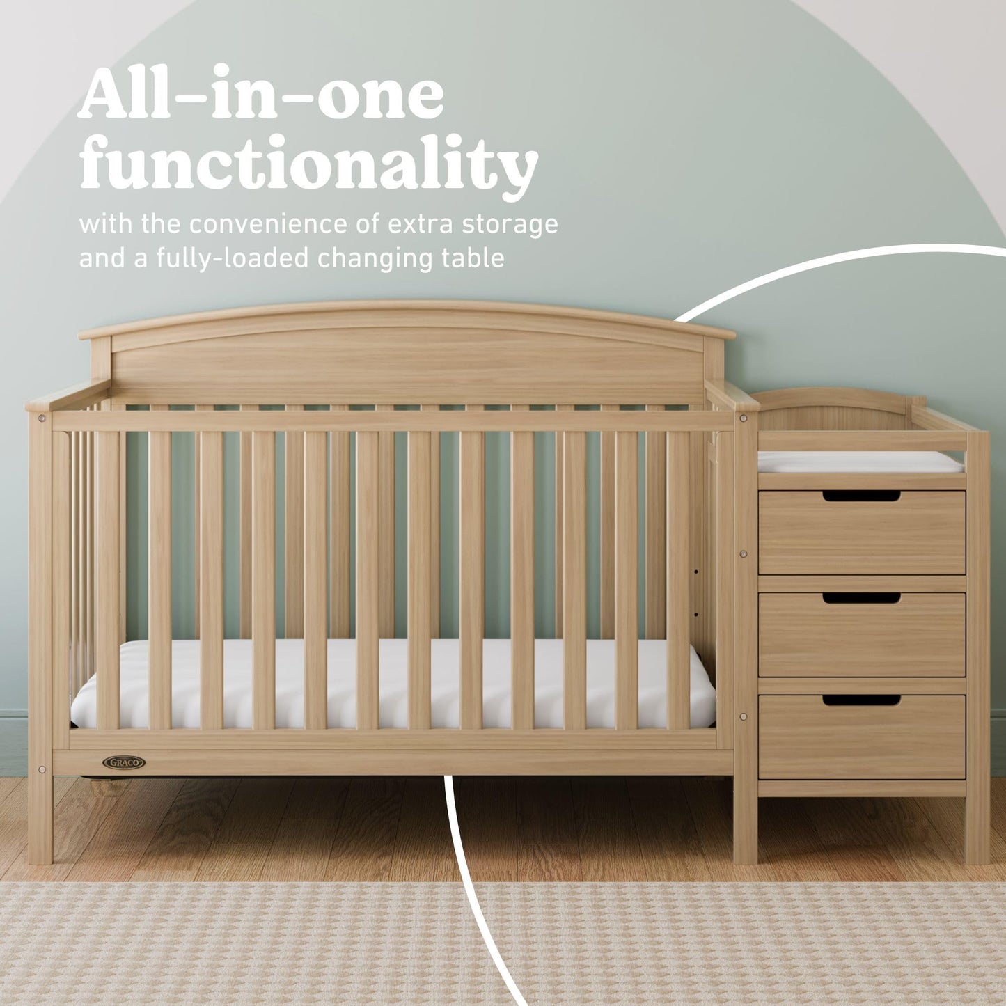 Graco Benton 4-in-1 Convertible Crib and Changer – GREENGUARD Gold Certified, Crib & Changing-Table Combo, Water-Resistant Changing Pad, Converts to Toddler Bed, Daybed and Full-Size Bed (Driftwood)