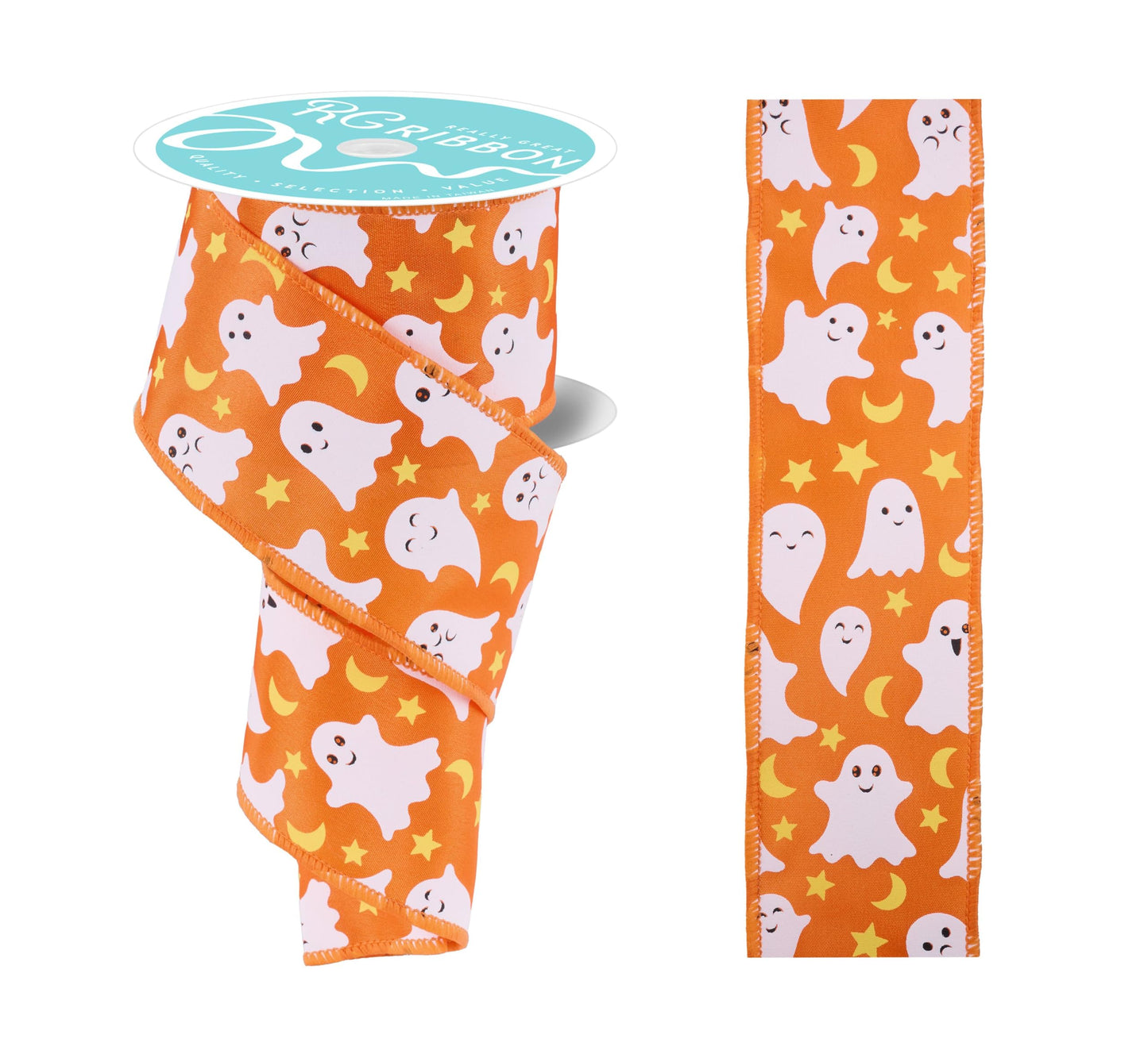 RG Ribbon Halloween Ghosts with Stars and Moons, Wired Edges - for Bows, Wreaths, Crafts and Decorations (Orange, 2.5" Inch x 10 Yards)