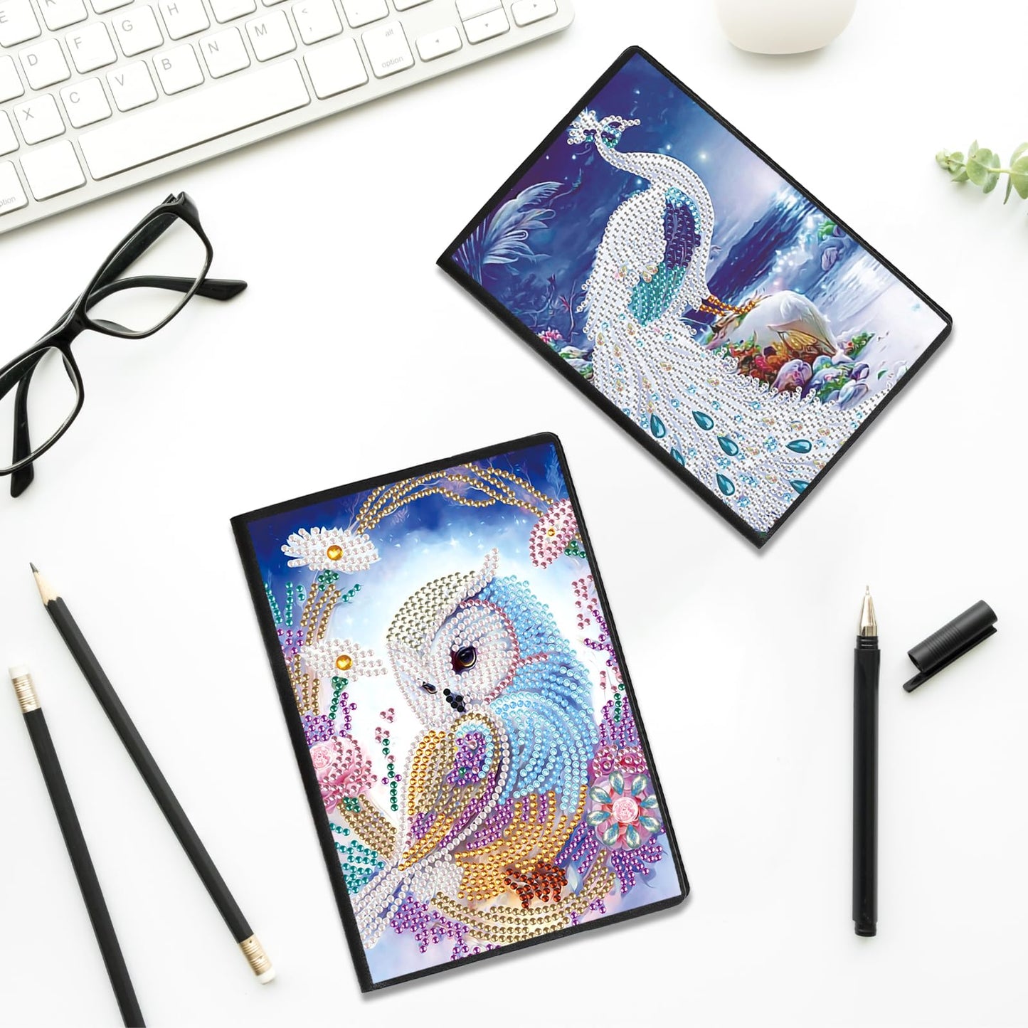 JZHYOAN Diamond Diary Notebook Kits, DIY Diamond Journals Sketchbook for Adults, Owl-peacock Cross-Stitch Art Special Pattern Mosaic Art Memo Notepads for Office, Work, Travel