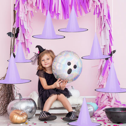 Whaline 14Pcs Halloween Purple Witch Hats with 109 Yard Hanging Rope 32Pcs 3D Bat Stickers Hanging Witch Caps for Home Garden Yard Lawn Decoration