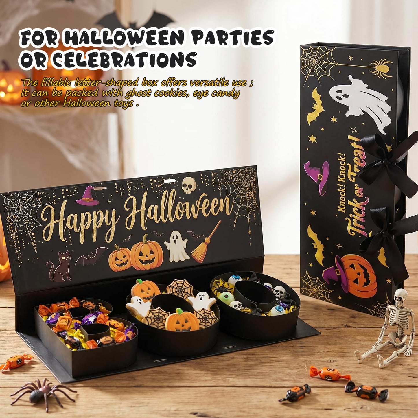 Halloween Candy Gift Box, BOO Letter Shaped DIY Fillable with Ribbon Raffia