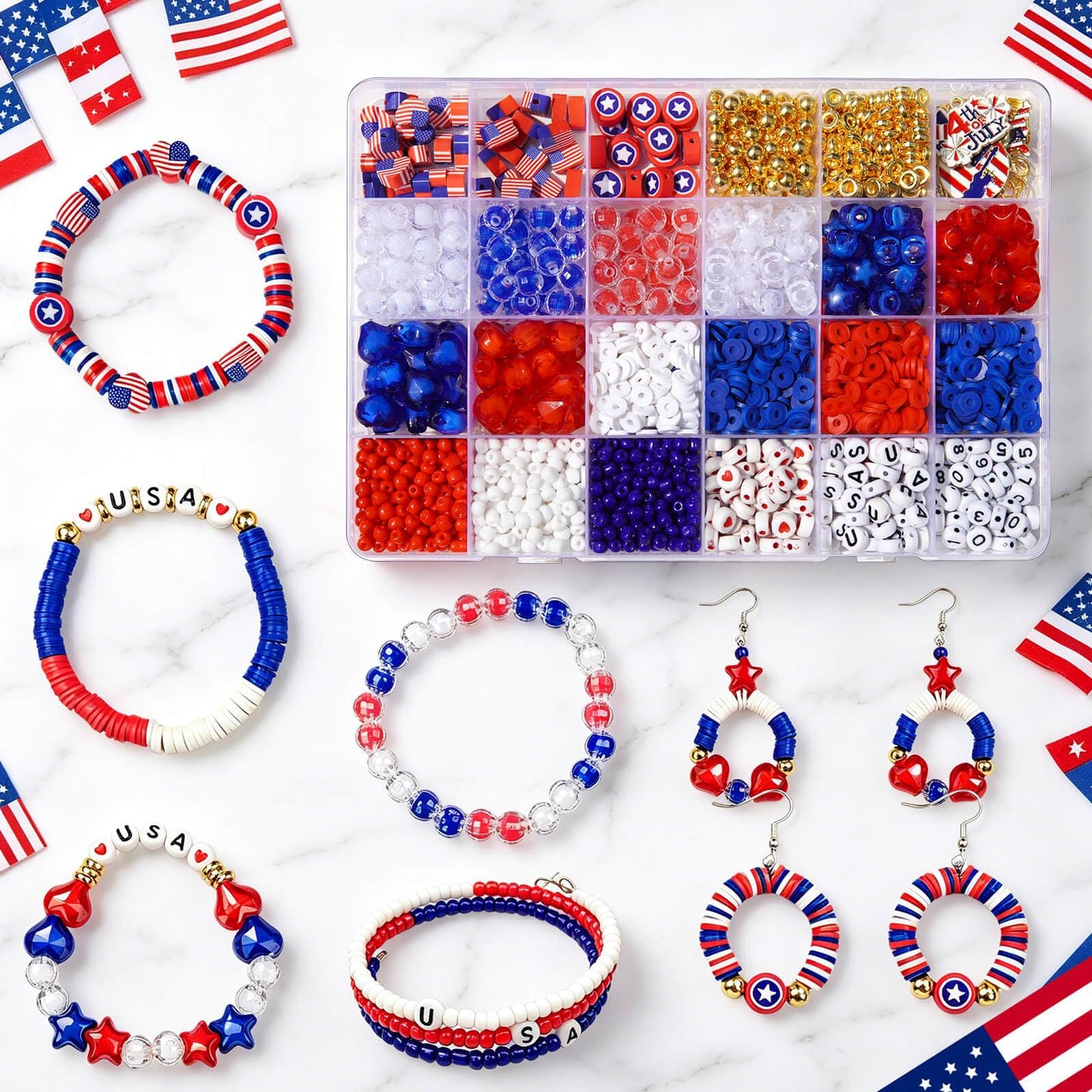 2360+ Pcs 4th of July Beads for Jewelry Making, Red White Blue Patriotic Bead Kit for Bracelets Necklace Craft Supplies Including Clay Charms USA Letter Beads Star Spacer Charms for Independence Day