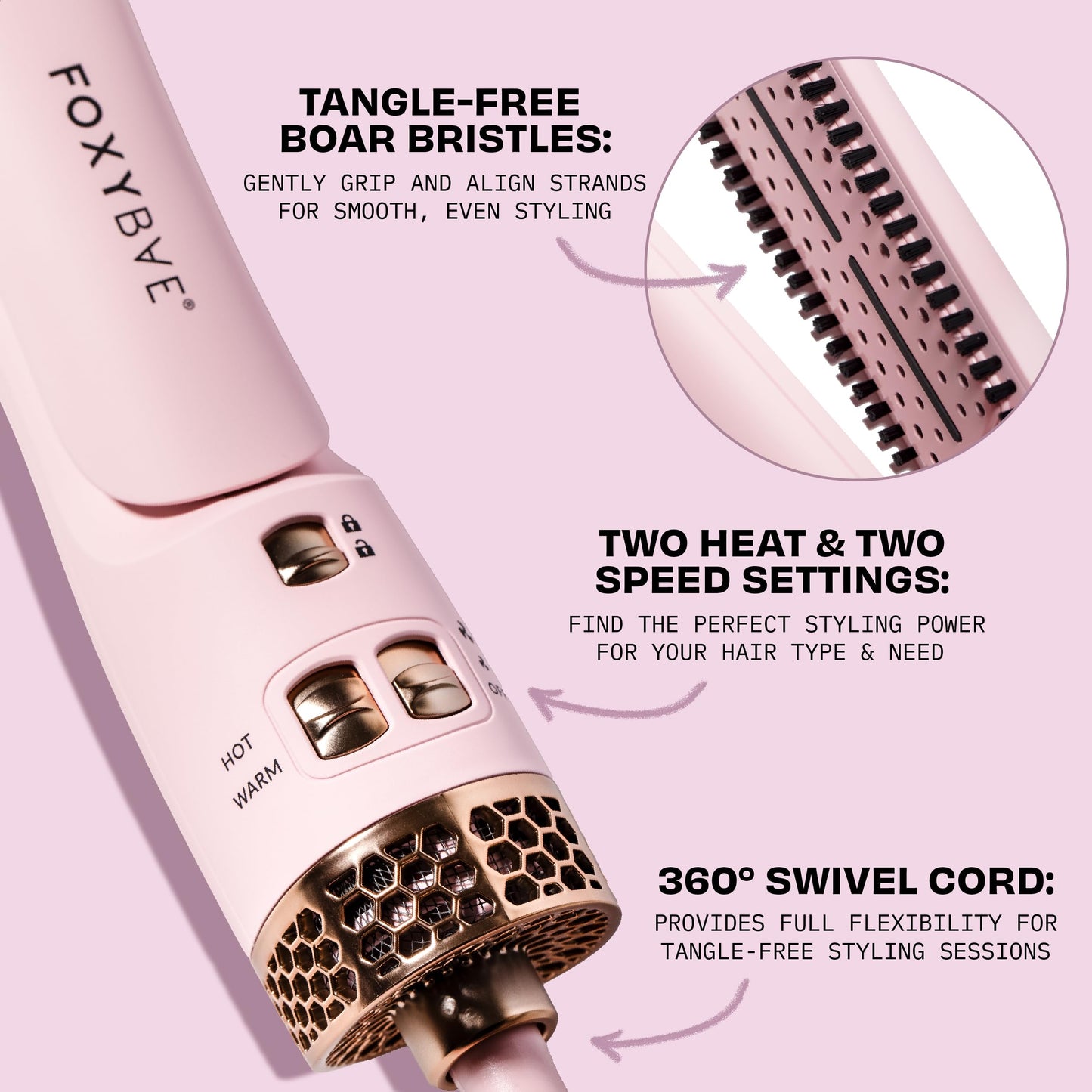 FoxyBae All-in-One Hair Styler - Ceramic Oval Barrel Blow Dryer Brush (75mm) for Drying, Curling, Volumizing & Straightening Hair [Party Pink]