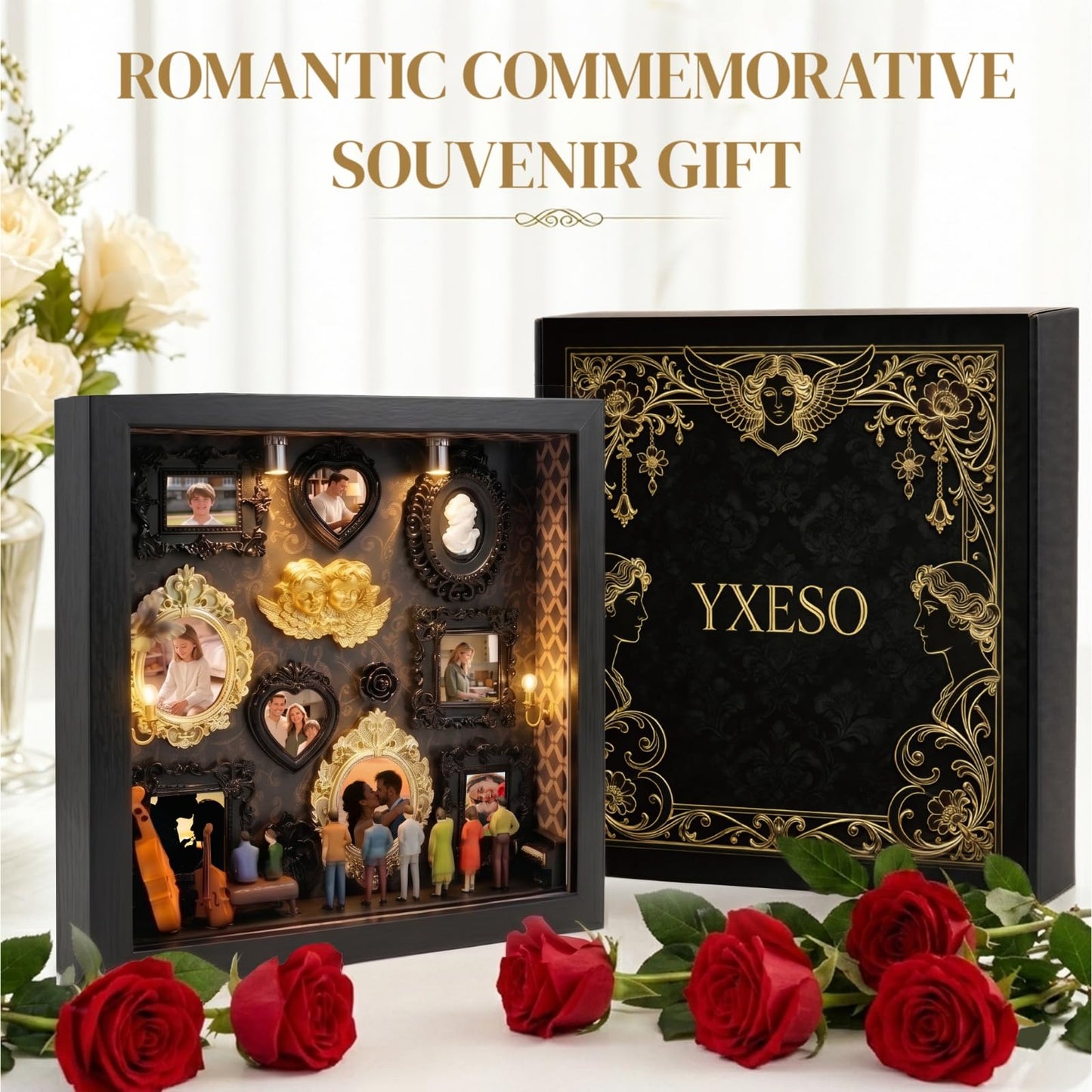 YXESO DIY Mini Museum Silhouette Box for Mother's Day, Shadow Box Frame with Gold Mini Picture Frames & People Figurines for Anniversary, Home Decor