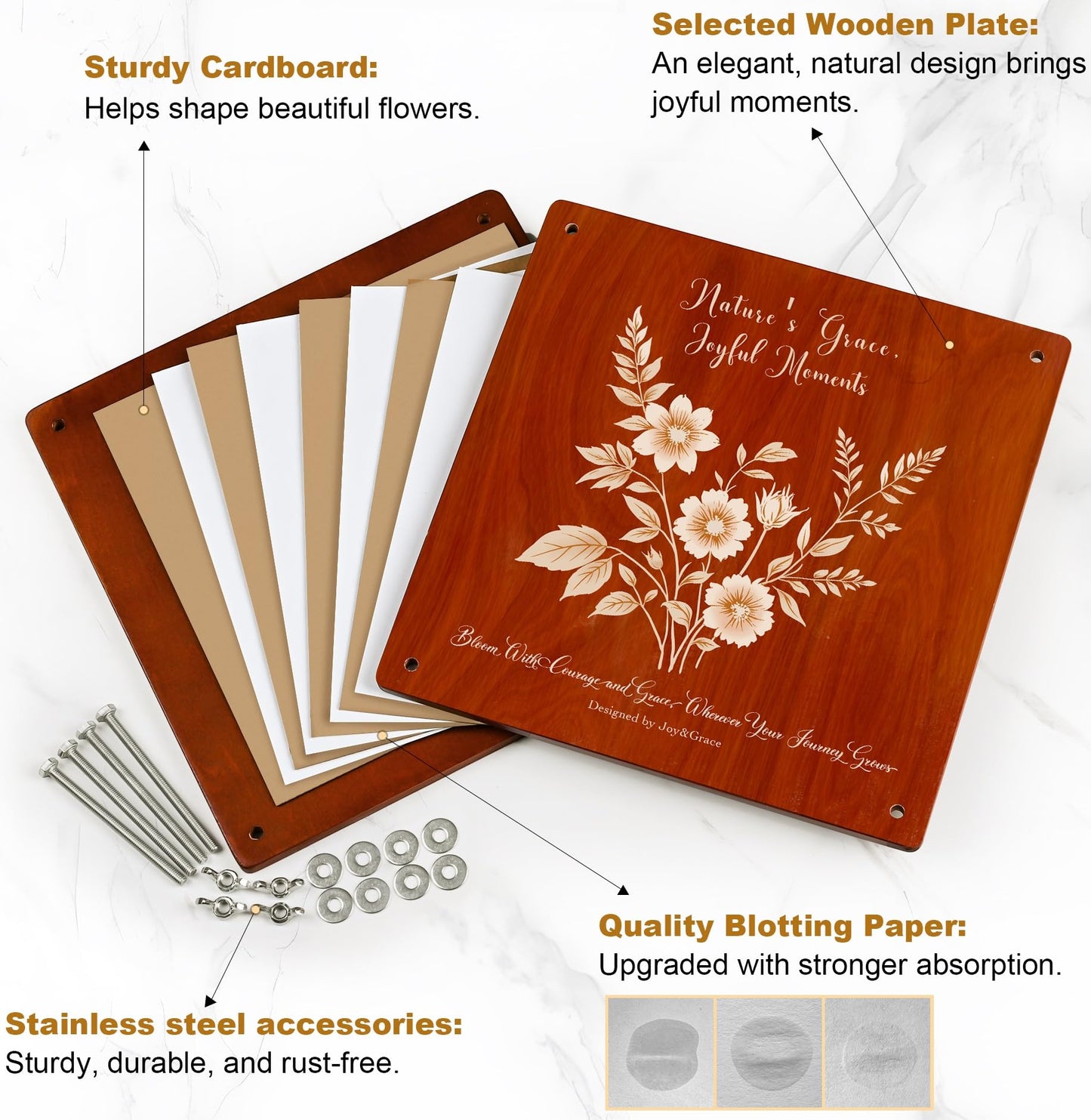 Joy&Grace Large Flower Press Kit for Adults with Designed Cover and DIY Album, 10.9" x 10.9" 10 Layers Plant Press and Plant Drying Toolkit, Flower Preservation Kit (Color Box, Mahogany Color)