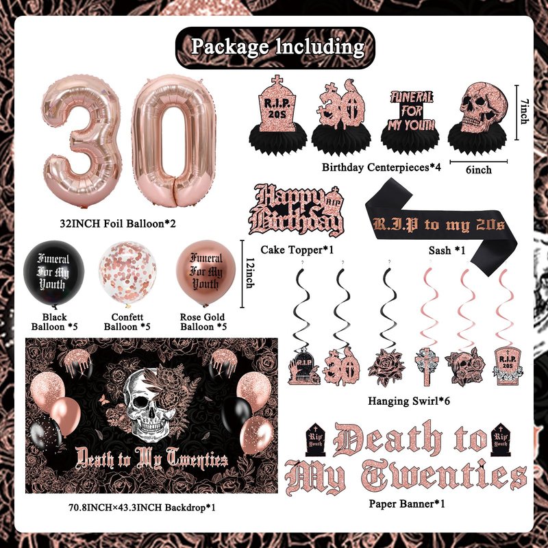 Crenics Rose Gold and Black Death to My 20s Decorations - Death to My Twenties Backdrop, Banner, Honeycomb, Sash, Hanging Swirls, Cake Topper and Balloons for 30th Birthday Party Decorations for Her