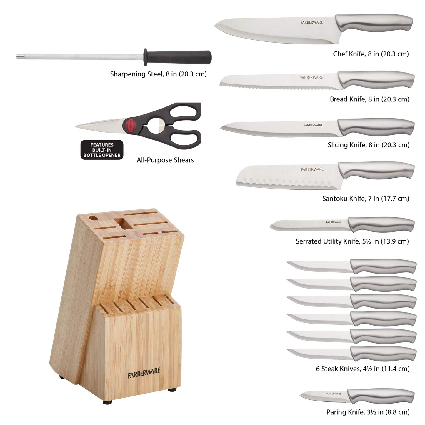 Farberware Juego de cuchillos de acero Inoxidable con sello bloque de 15 piezas