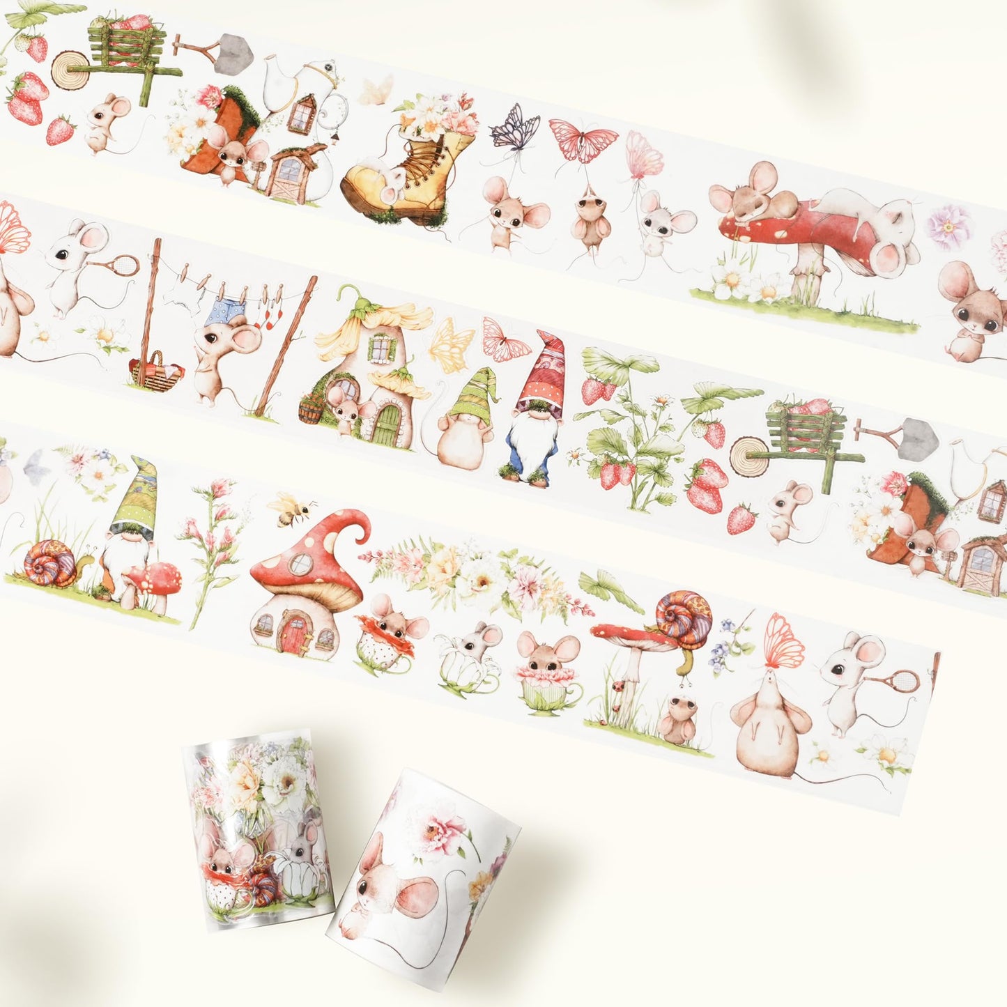 WT Pre-Cut Squeaky Mischief Wide PET Tape, 1 Roll, Original Playful Cartoon Mice & Whimsical Garden Designs, Transparent Clear Adhesive Tape for Scrapbooks, Junk Journals, Planners, DIY Crafts & Gifts
