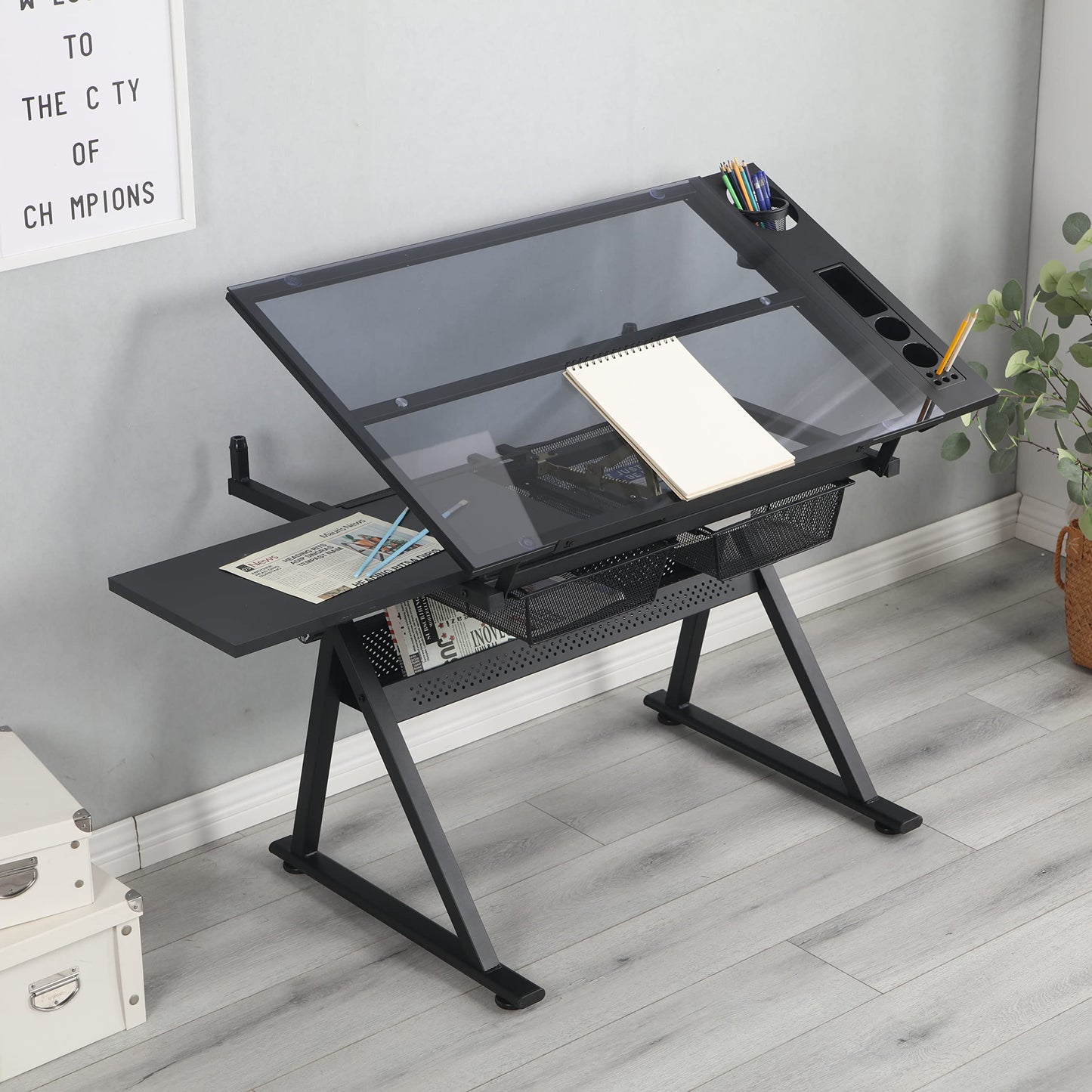 NicBex Home Office Desks with Ample Storage Contemporary Black Adjustable Tempered Glass Drafting Printing Table with Chair Adjustable Tilt, Easy Assembly, Black