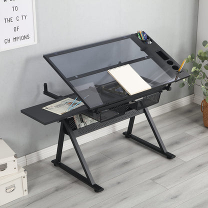 Gecheer Professional Black Drafting Table with Adjustable Tempered Glass Tilting Top 75° Angle and Storage Drawers Chair Included