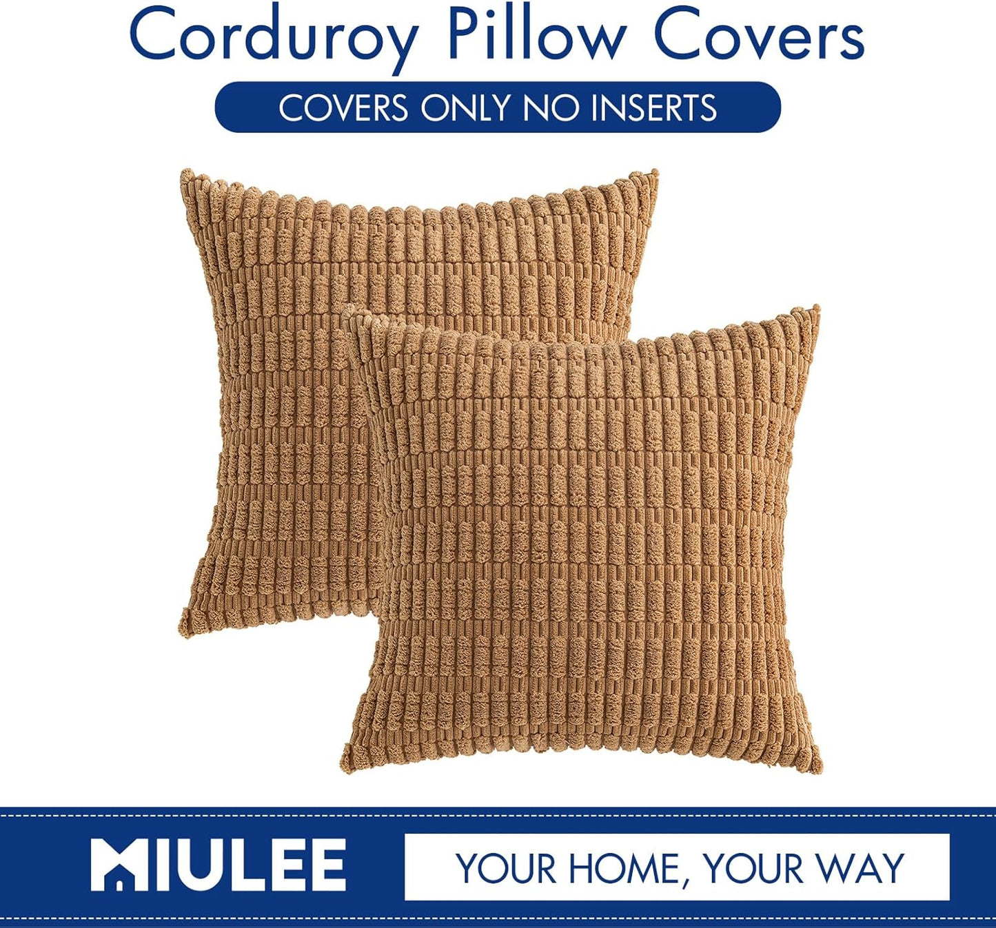 MIULEE Corduroy Throw Pillow Covers - Soft Boho Striped Design | 20x20 Inch, Brown, Perfect for Modern Farmhouse Decor