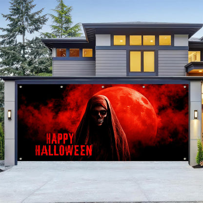 HOMETITUTE Halloween Garage Door Banner 13x6ft Grim Reaper Skeleton Blood Moon Decor Spooky Halloween Sign Horror Wall Cover Scary Door Backdrop Creepy Haunted House Outdoor