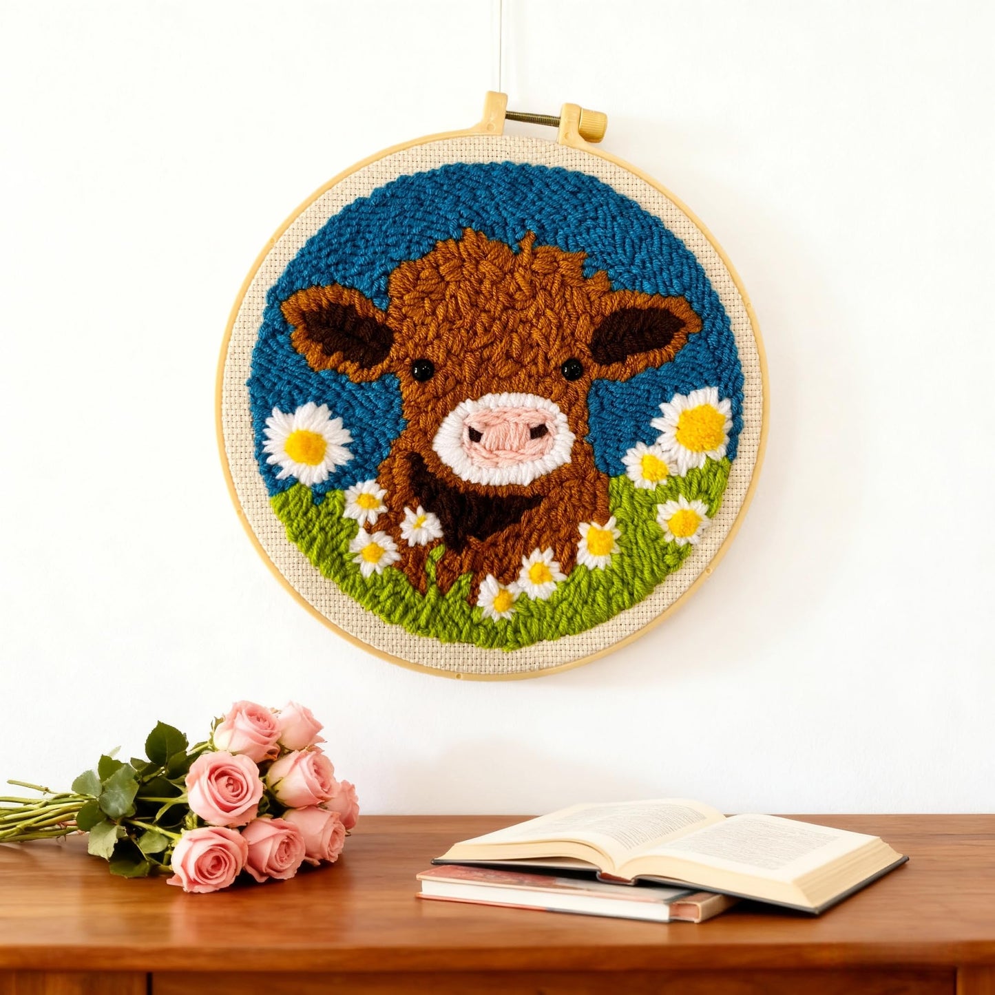 DIY Punch Needle Kits for Beginners Cute Cartoon Highland Cow with Daisy Flower with Hoop Embroidery Punch Needle Starter Craft Set Easy for Adults and Children Festival Gift and Decoration 20x20cm-1
