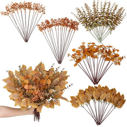 120 Pcs 5 Kinds Mixed Artificial Eucalyptus Leaves Stems and Fake Berry Bulk for Fall Decorations,Faux Plants Bundle for DIY Bouquets Floral Arrangement Wedding Engagement Party Autumn Decor (Orange)