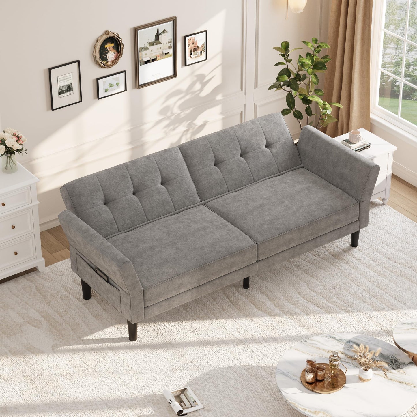 89" Futon Sofa Bed, Modern Sleeper Couch with Adjustable Backrest & Armrest, Convertible Couch Bed with Deep Seat for Living Room Bedroom, Apartments
