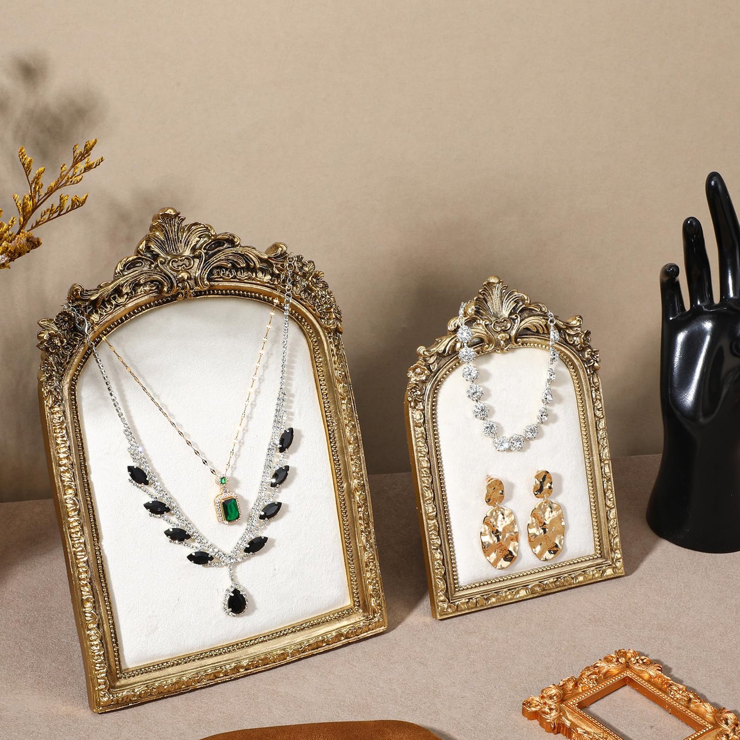 Meyeyaia 2pcs Gold Resin Jewelry Display Stand,Vintage Jewelry Holder Photo Frame Earring Holder,Velvet Necklace Tray Resin Jewelry Photography Props or Jewelry and Collectibles