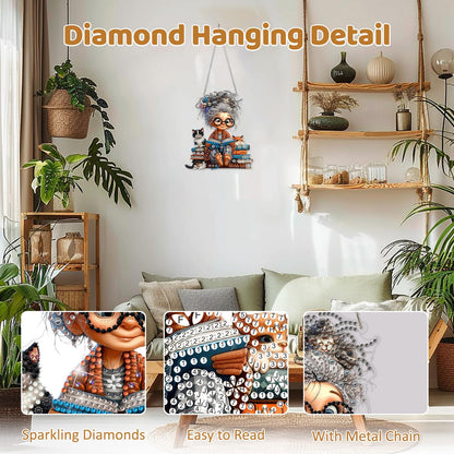 MEIYUDA Grandma Diamond Art Hanging Kits for Adults Beginners, Book Grandma Diamond Painting Kit Ornaments, DIY Special Shaped Rhinestone Window Pendants Kit for Home Garden Wall Decor Gift
