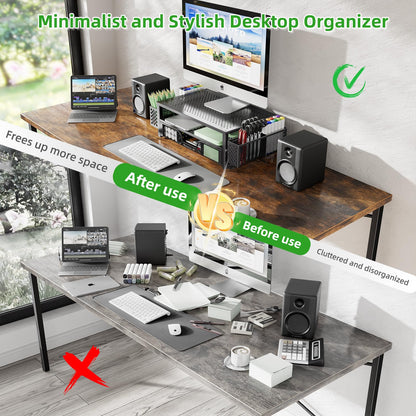 Simple Trending Desk Organizer and Accessories, 2 Tier Computer Metal Monitor Stand Riser with Drawer and Pen Holder for Laptop, Computer, iMac, Black