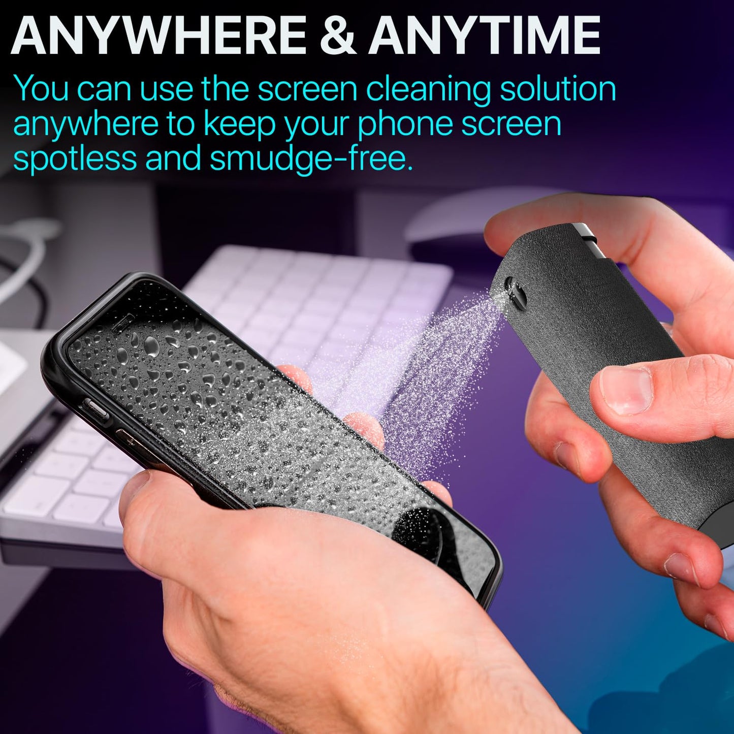 Mini Screen Cleaner Spray – Finger Proof Screen Cleaner for Smartphones, iPads, MacBooks, Laptops, Car Screens, Touchscreens – 3 in1 Mist Cleaner, Microfiber Cloth and Protective Cover (Grey)